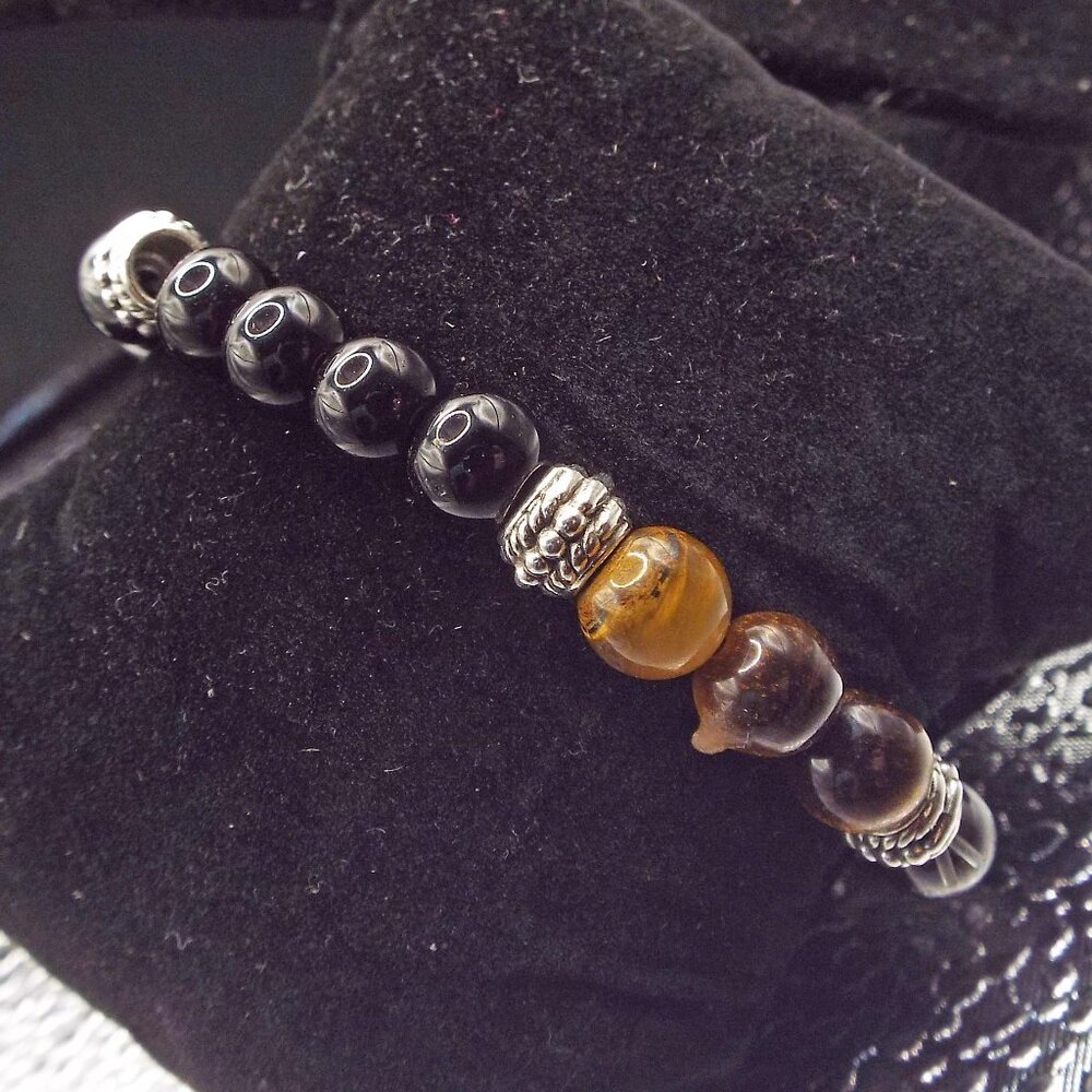 HEMATITE, TIGER'S EYE AND ONYX STERLING BEAD STRETCHY BRACELET 72